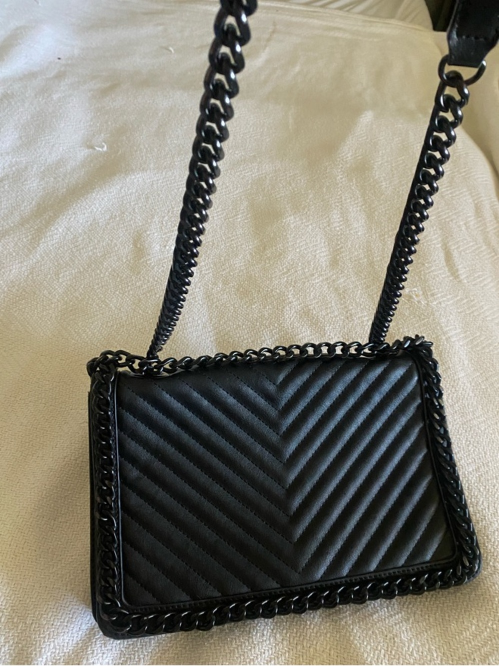 Aldo Black Quilted Chevron Shoulder Bag with Chunky Chain